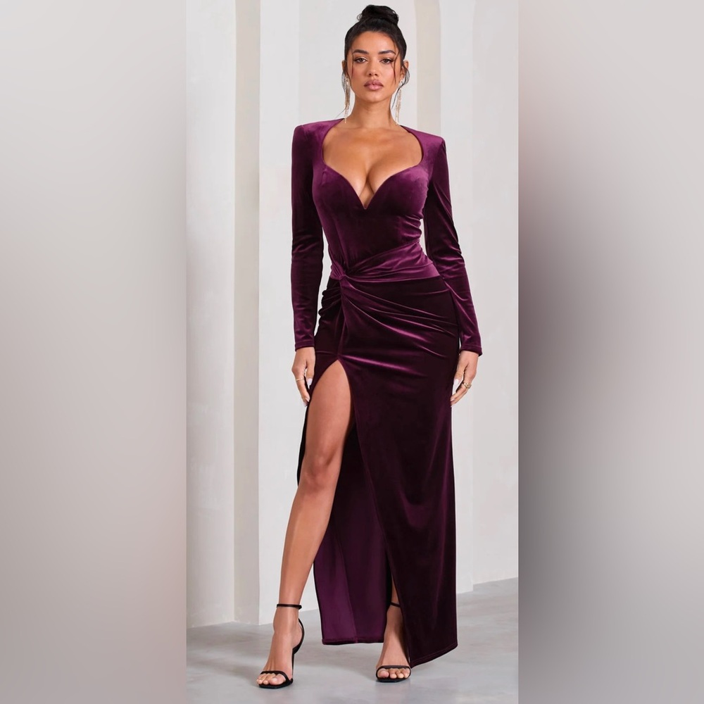 Club L London Dark Purple Velvet Long-Sleeved Split Maxi Dress, Size 8